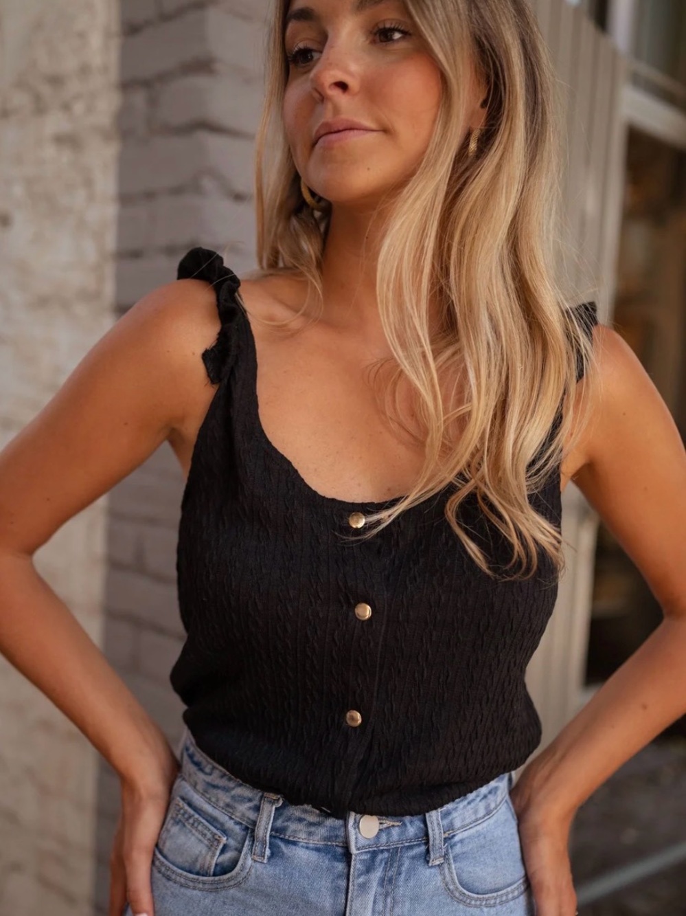 Black Ruffle-Strap Button Front Tank